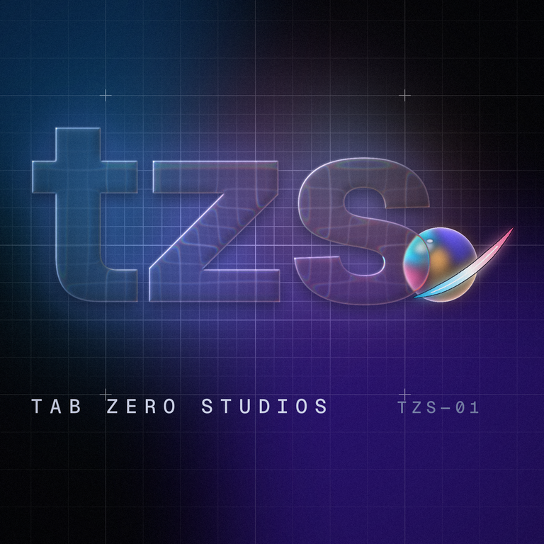 Tab Zero Studios logo: the letters tzs in frosted glass with a small colorful orb and a curved light streak, on a blue-to-purple grid.